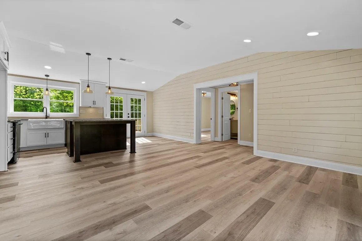 Kitchen with island and pendants
